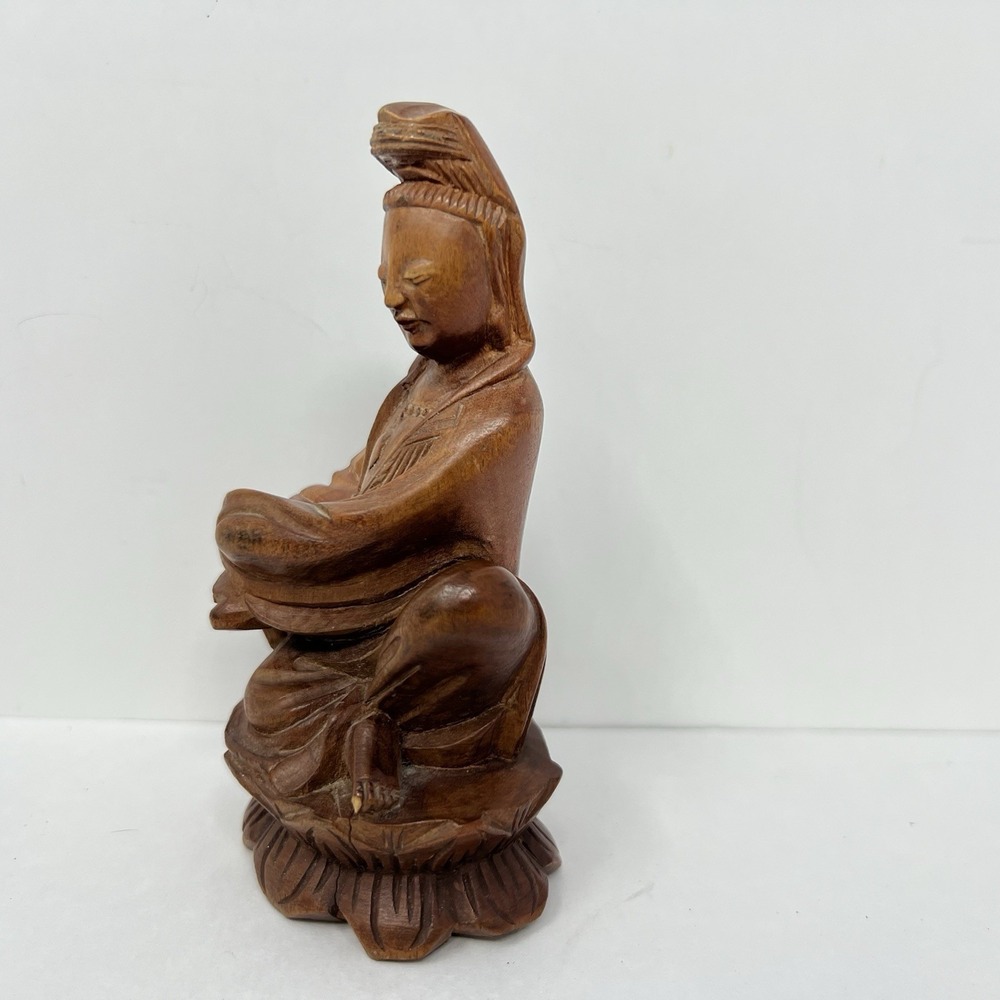 Hand Carved Wood Guanyin Bodhisattva Statuette Asian Royal Ease Pose Figure 4.8" - Picture 5 of 16